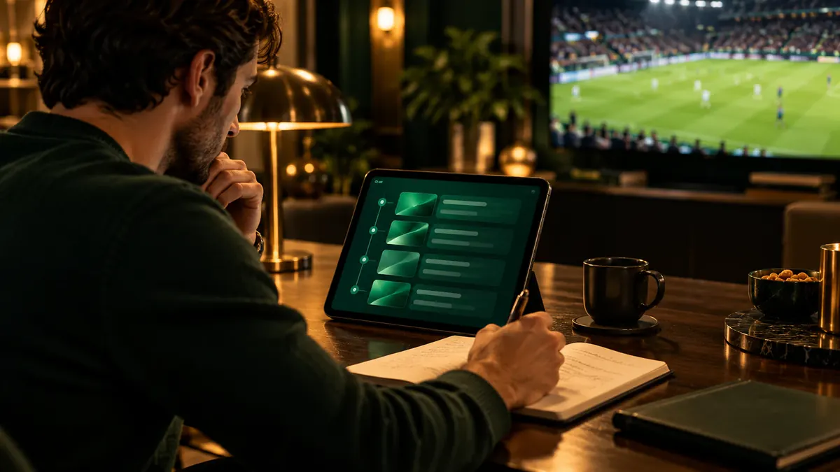 A man taking notes from a tablet while a football match plays on a screen
