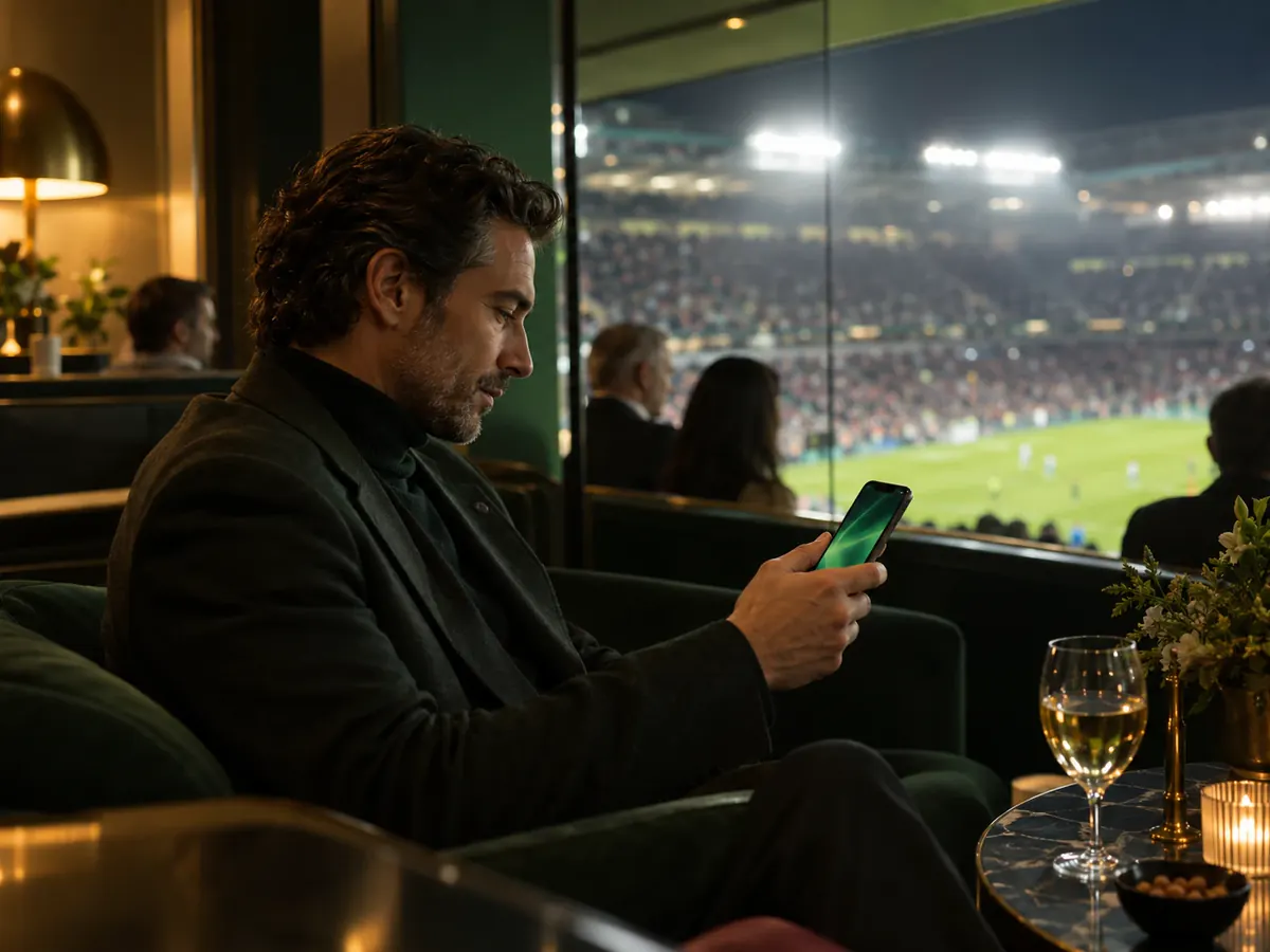 A man in a stadium lounge checking his phone, the floodlit pitch behind him