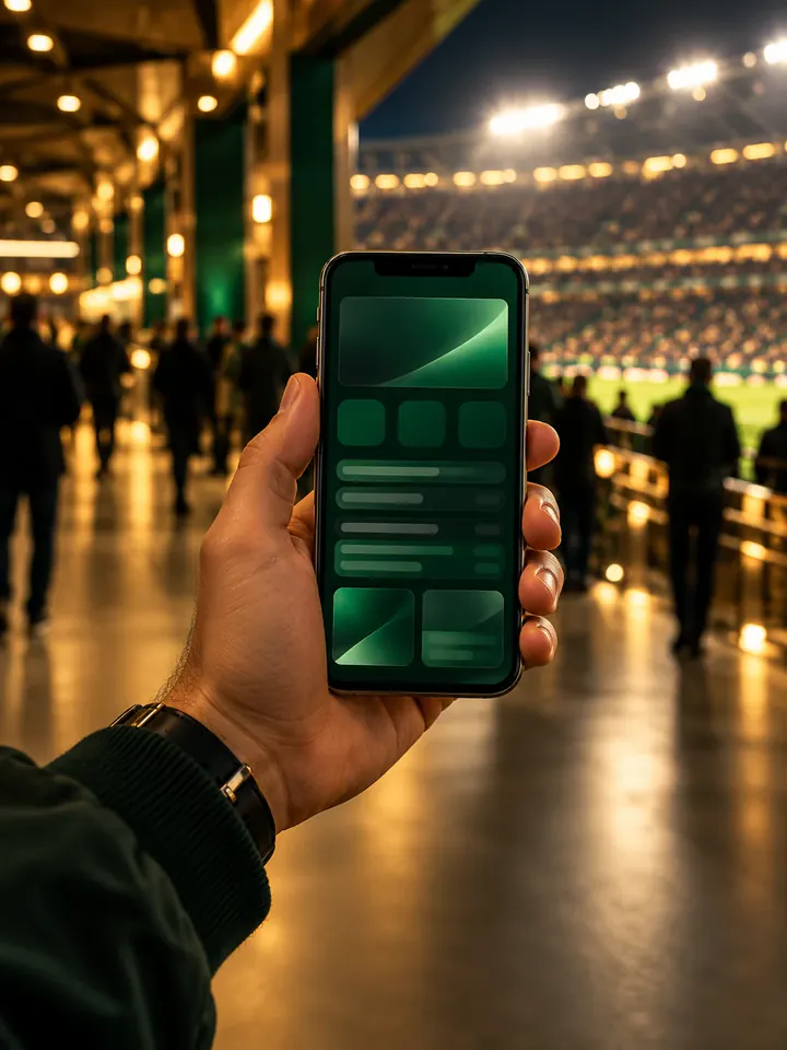 A hand holding a phone on a stadium concourse at night