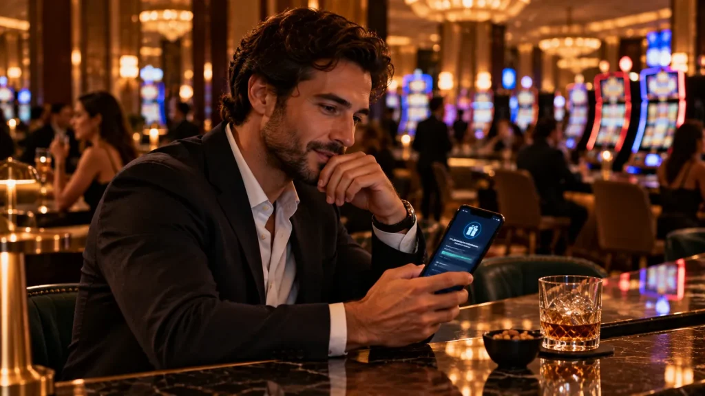 A player at a casino bar reading welcome bonus terms on a phone.