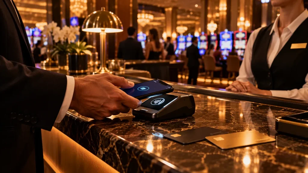 A phone tapped on a contactless reader at a casino cashier counter.