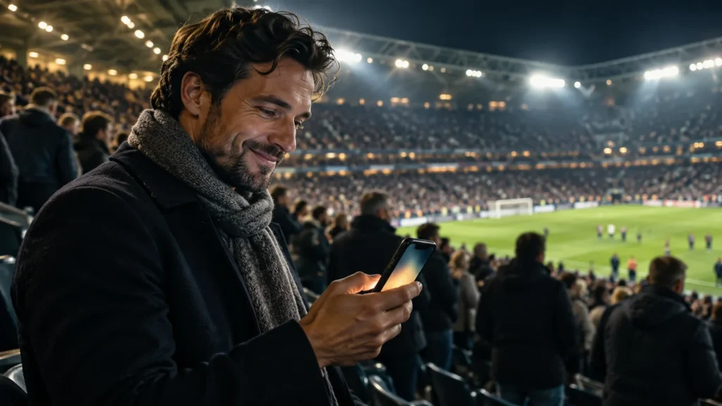 A fan in a floodlit stadium checking a phone after the match.
