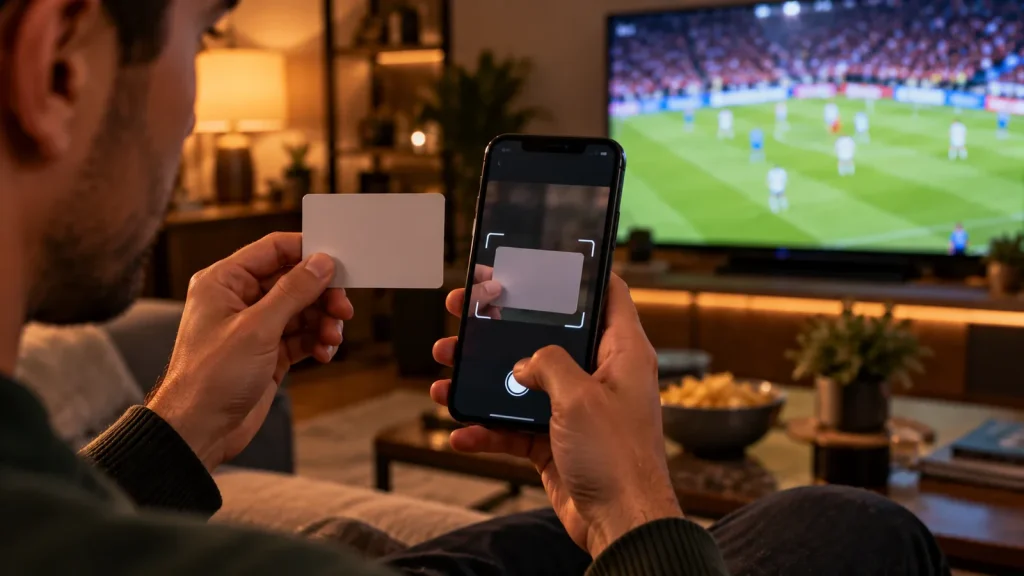 A person at home holding a blank identity card next to a phone camera while opening an account.
