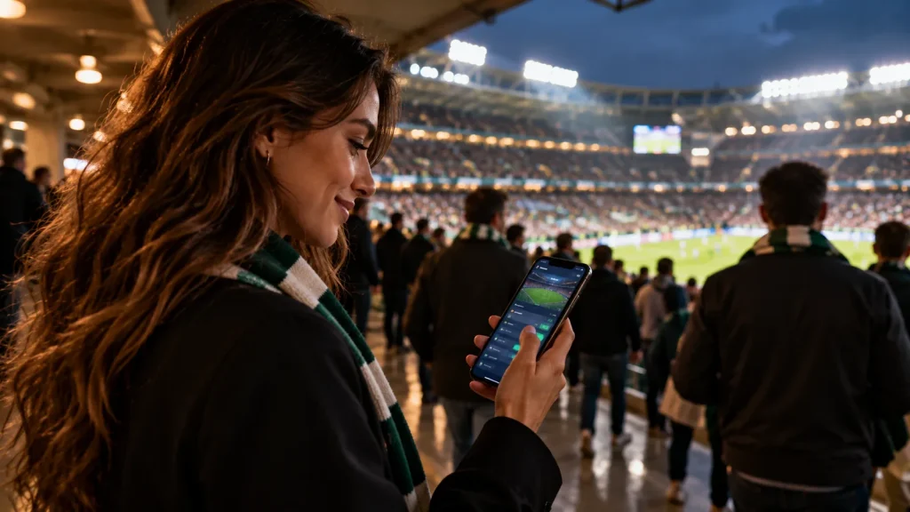 A woman on a stadium concourse using a sports app on her phone.