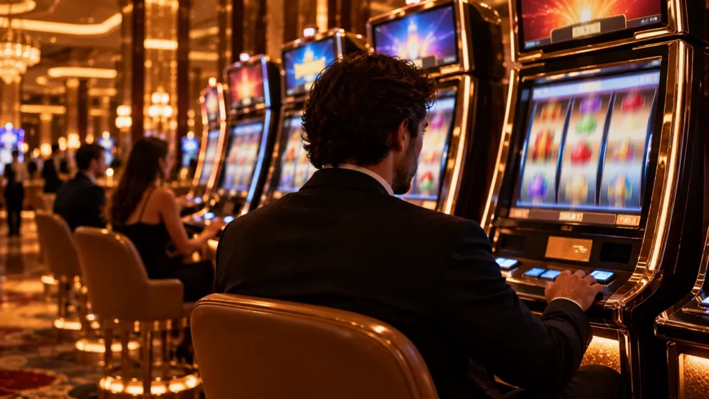 A player at a row of slot machines in an elegant casino.
